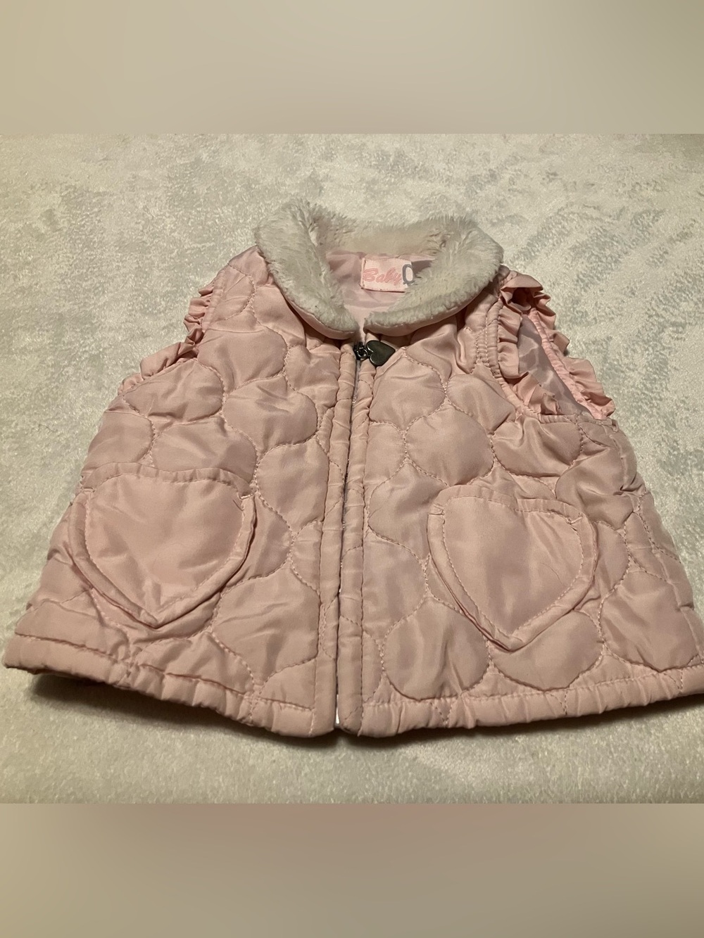 Baby Girl Quilted Pink Heart Vest with Faux Fur Collar